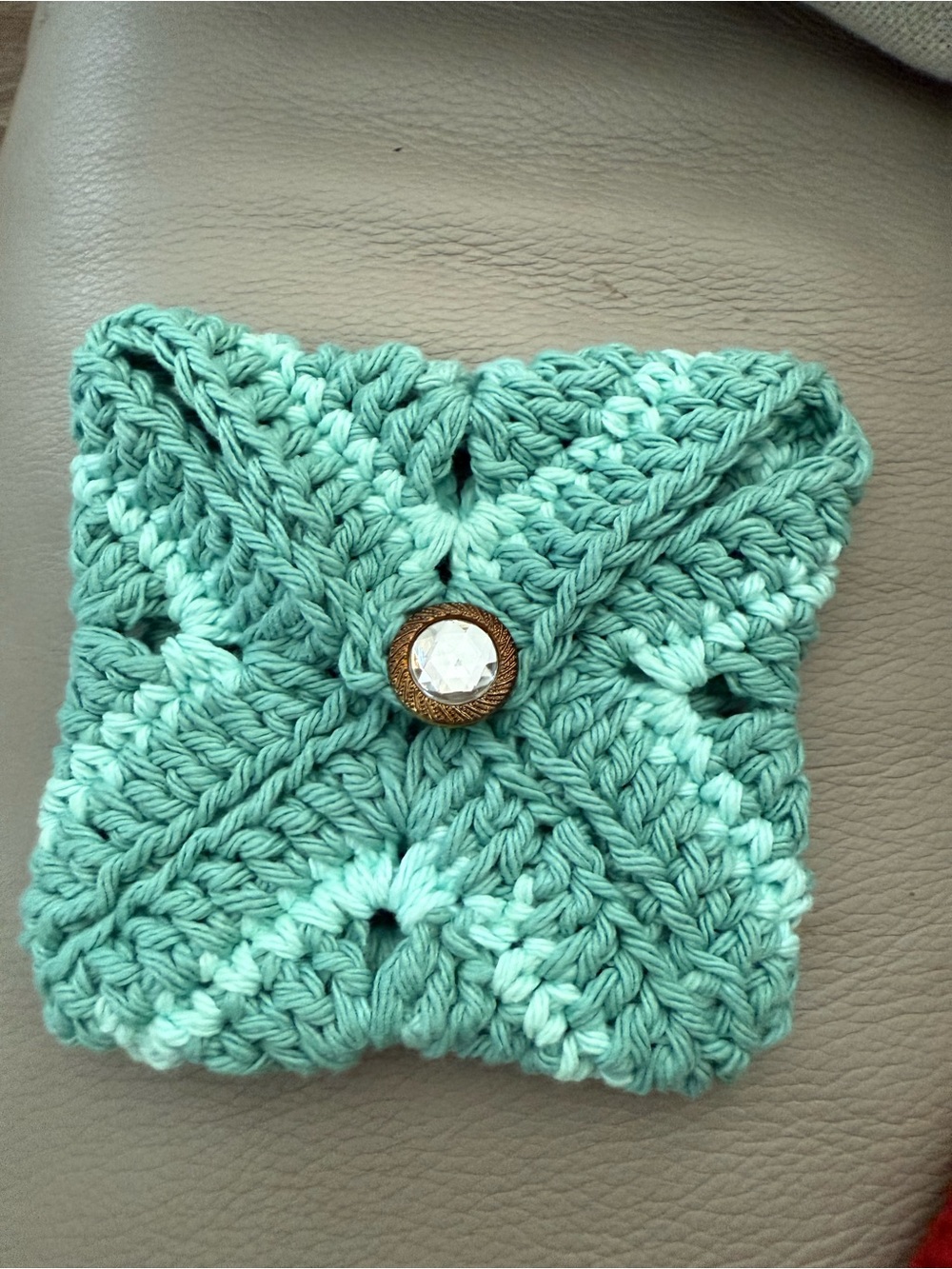 Handmade Mint Crochet Coin Pouch with Decorative Button